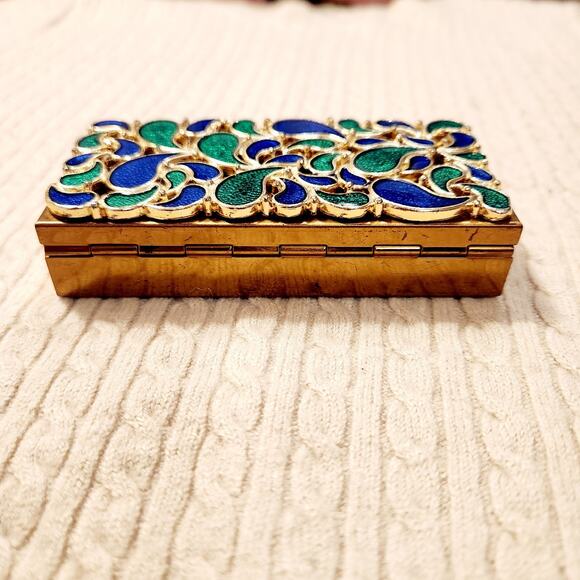Stunning Vintage 80s Cloisonne Enamel Brass Trinket Box Floral Green Blue - Picture 6 of 9